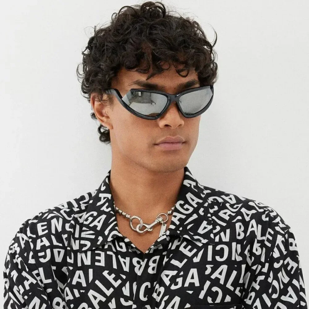 NEW Balenciaga BB0289S 001 Black Silver Mirror Wraparound Unisex Sunglasses